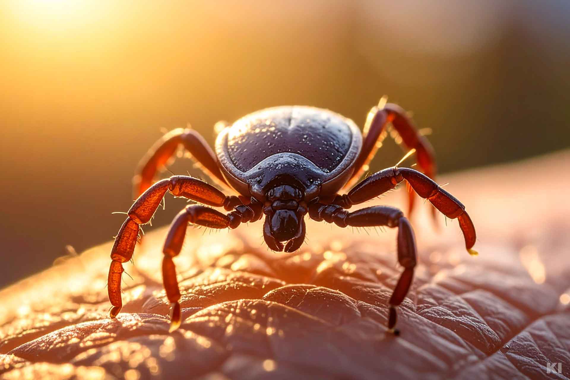 Zecke in GroĂaufnahme auf der Haut sitzend