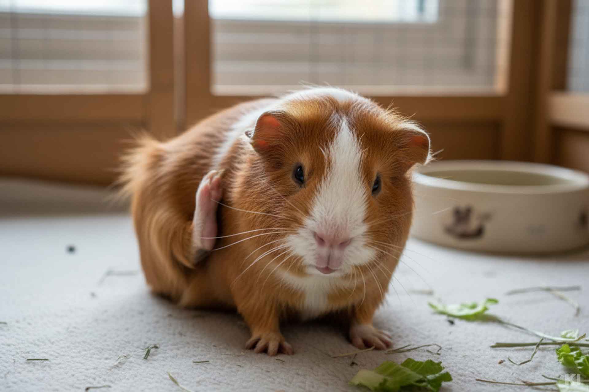 Meerschweinchen, was sich mit dem Fuß hinter dem Ohr kratzt