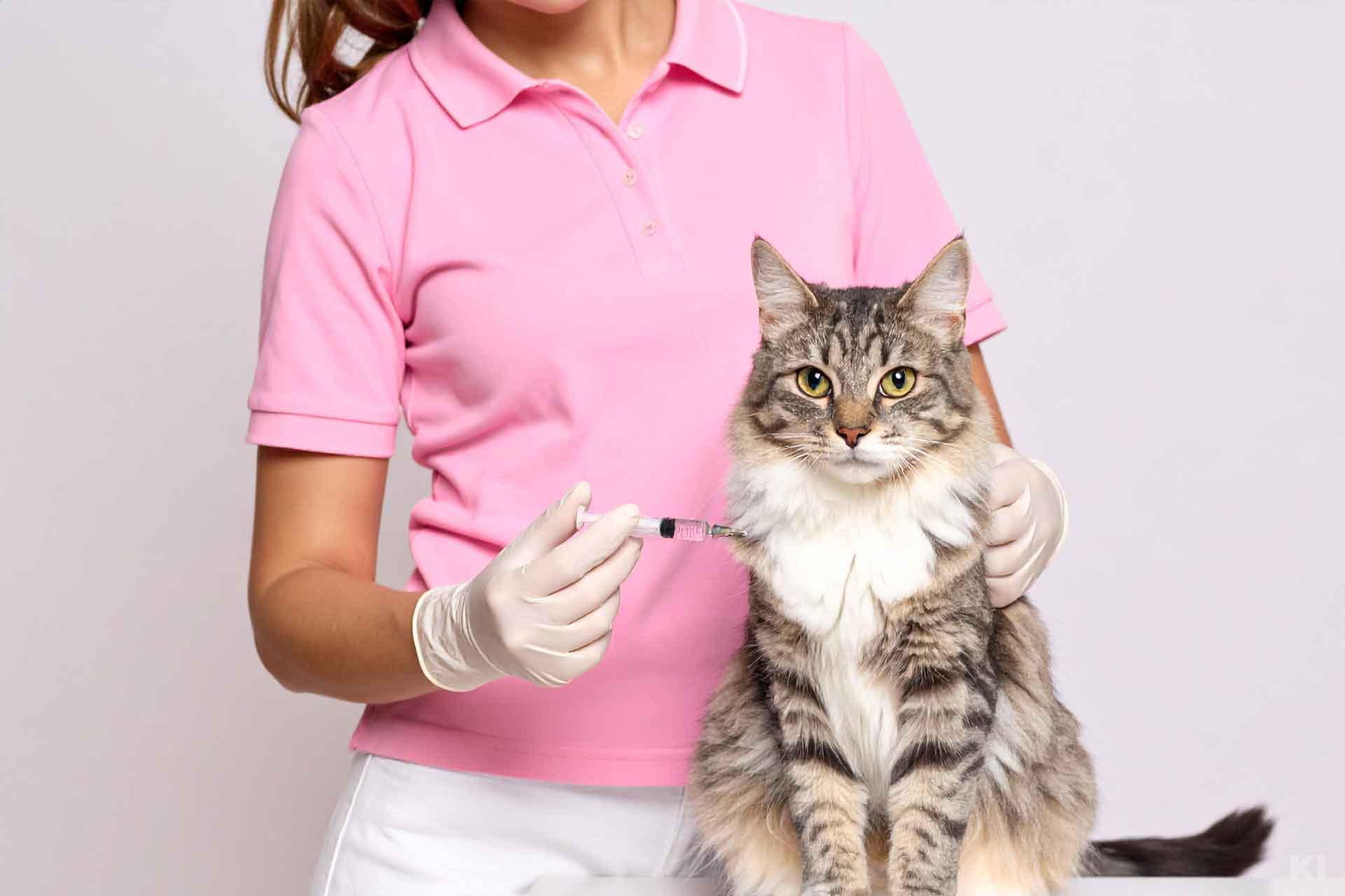 Tierärztin mit rosanem Poloshirt impft eine getigerte Katze mit einer Spritze
