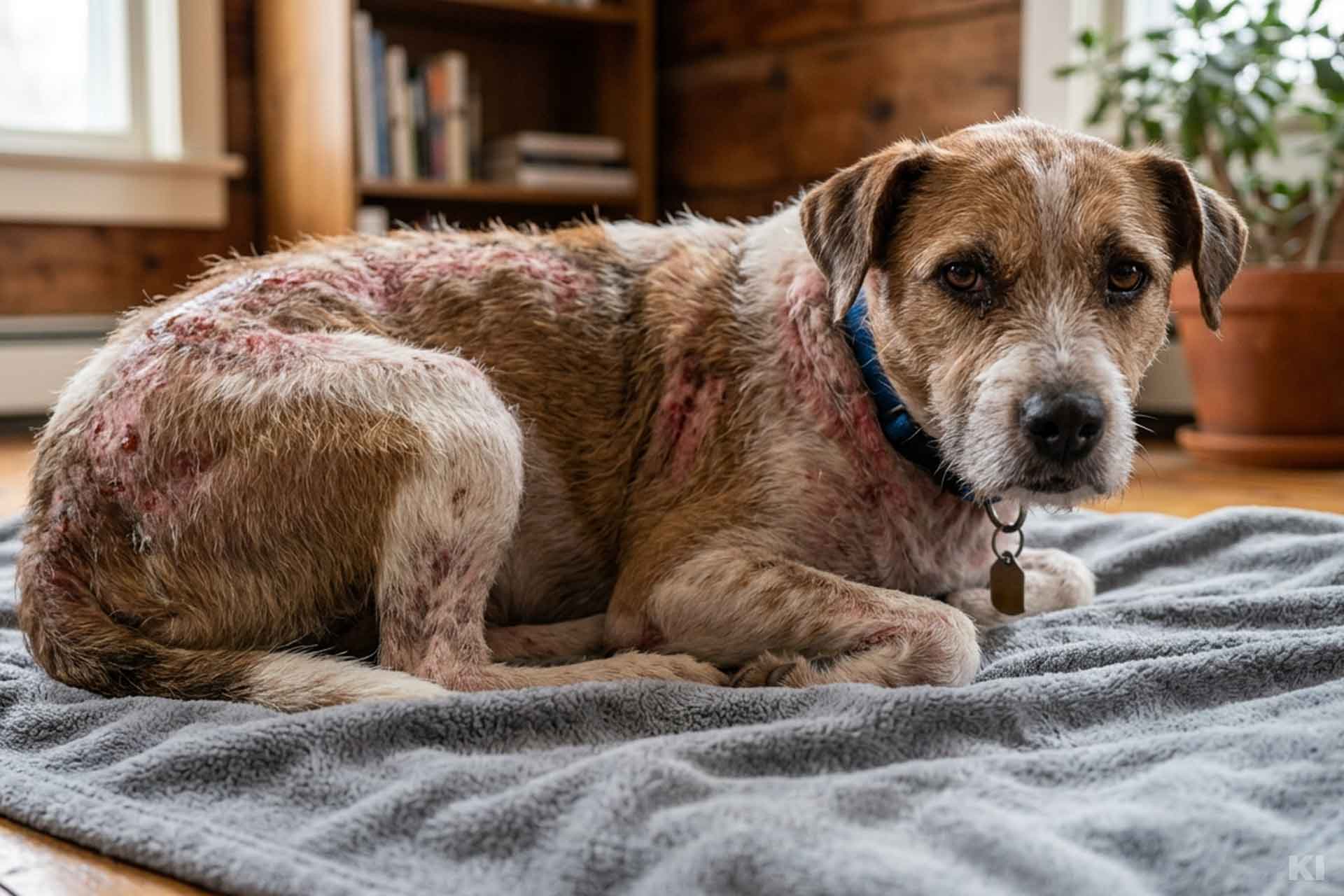 Kleiner, drahthaariger Hund liegt auf einer blauen Wolldecke und hat eine Hauterkrankung