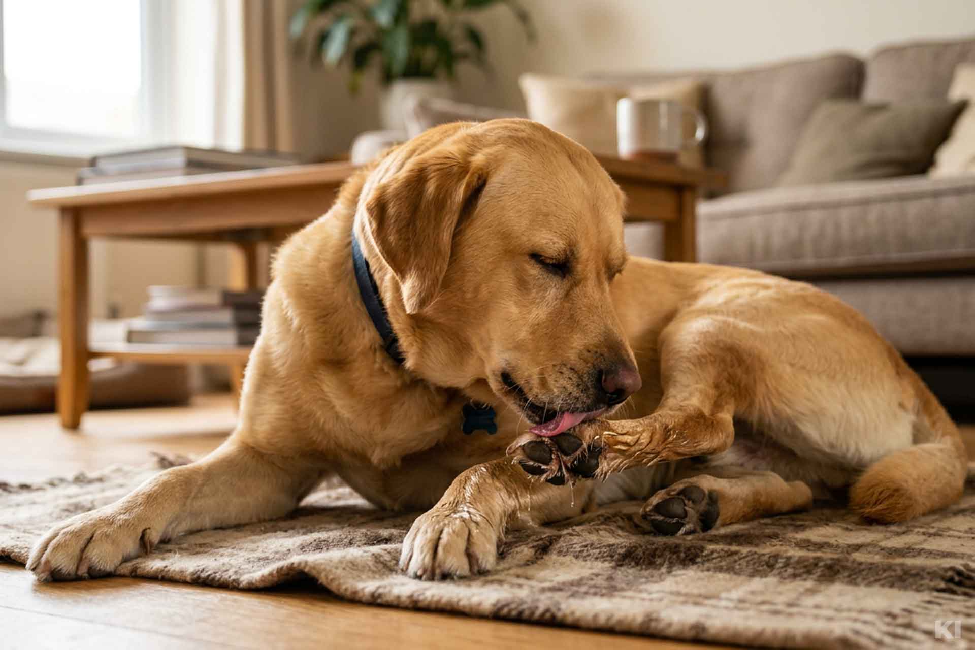 Goldfarbener Labrador liegt im Wohnzimmer auf dem Teppich und leckt sich seine Hinterpfote