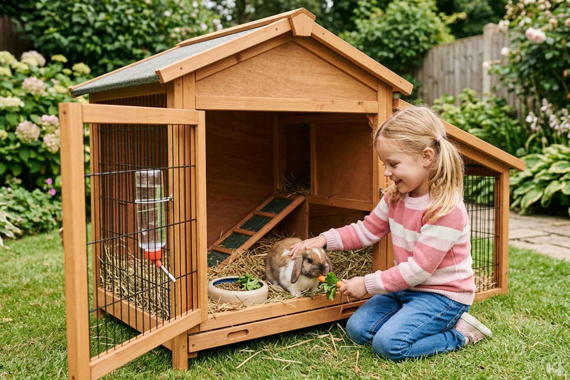 Kleines, blondes MĂ€dchen kniet vor einem aufgeklappten Hasenstall und fĂŒttert ihr Kaninchen