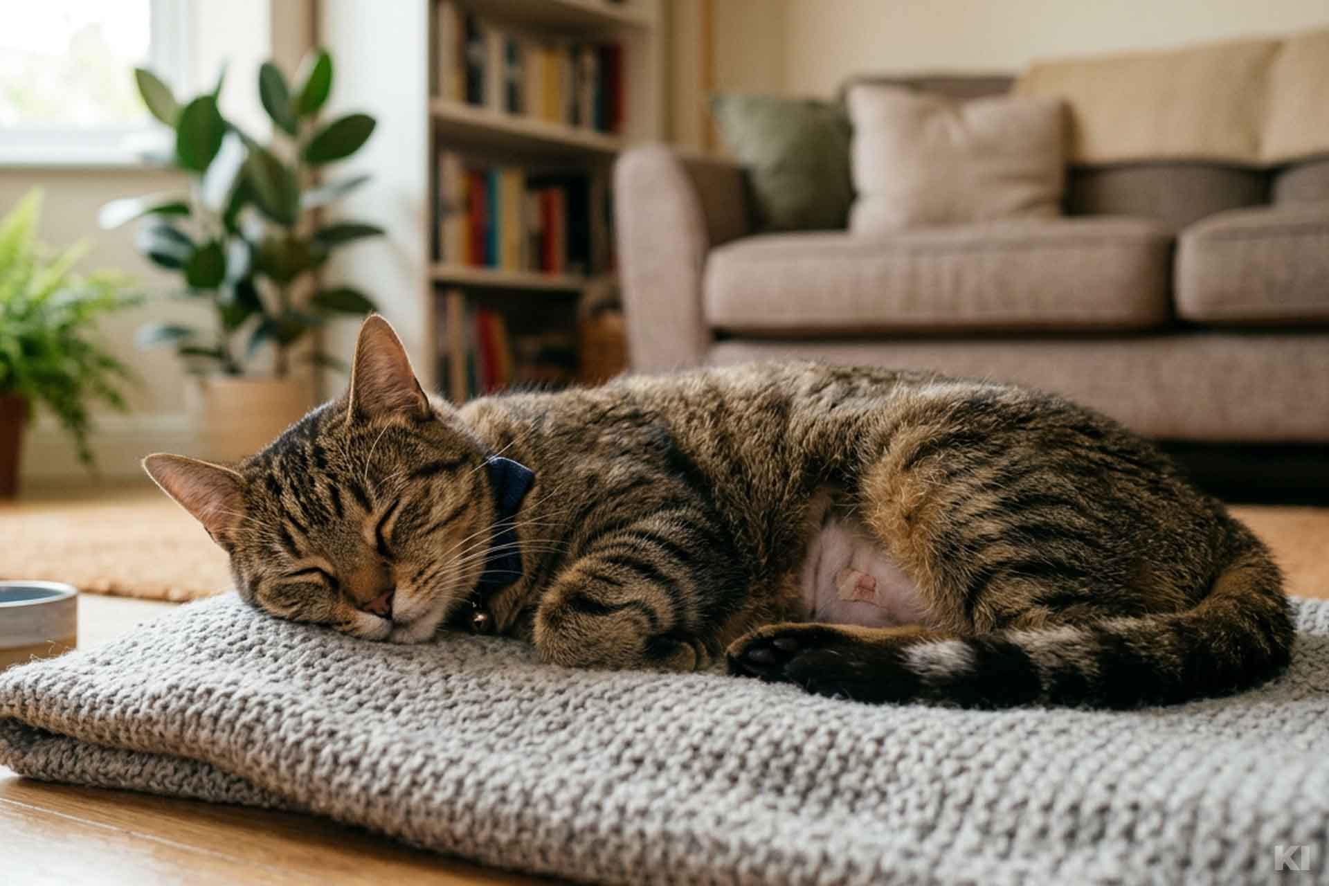 Katze liegt ruhend auf einer Kuscheldecke im Wohnzimmer nach einer Kastration