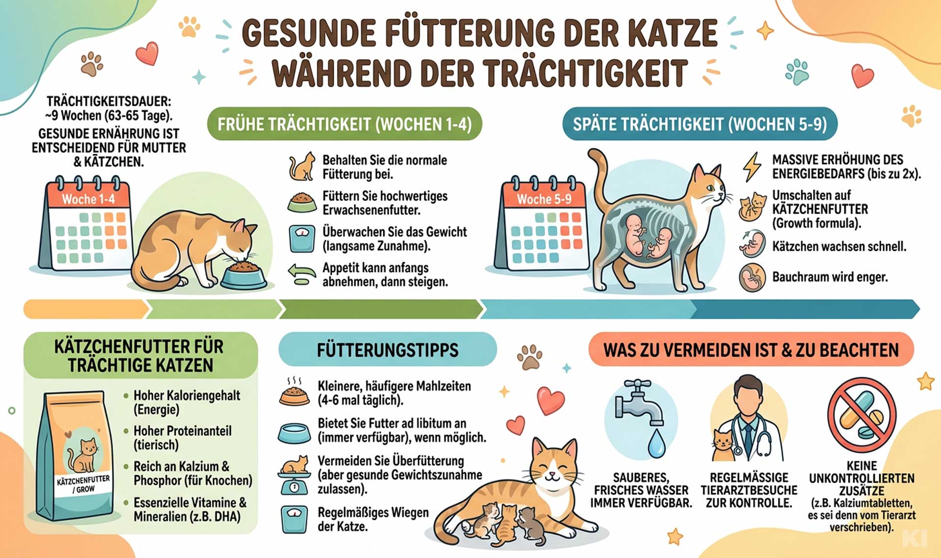 Infografik zur Pflege und Fütterung von schwangeren Katzen