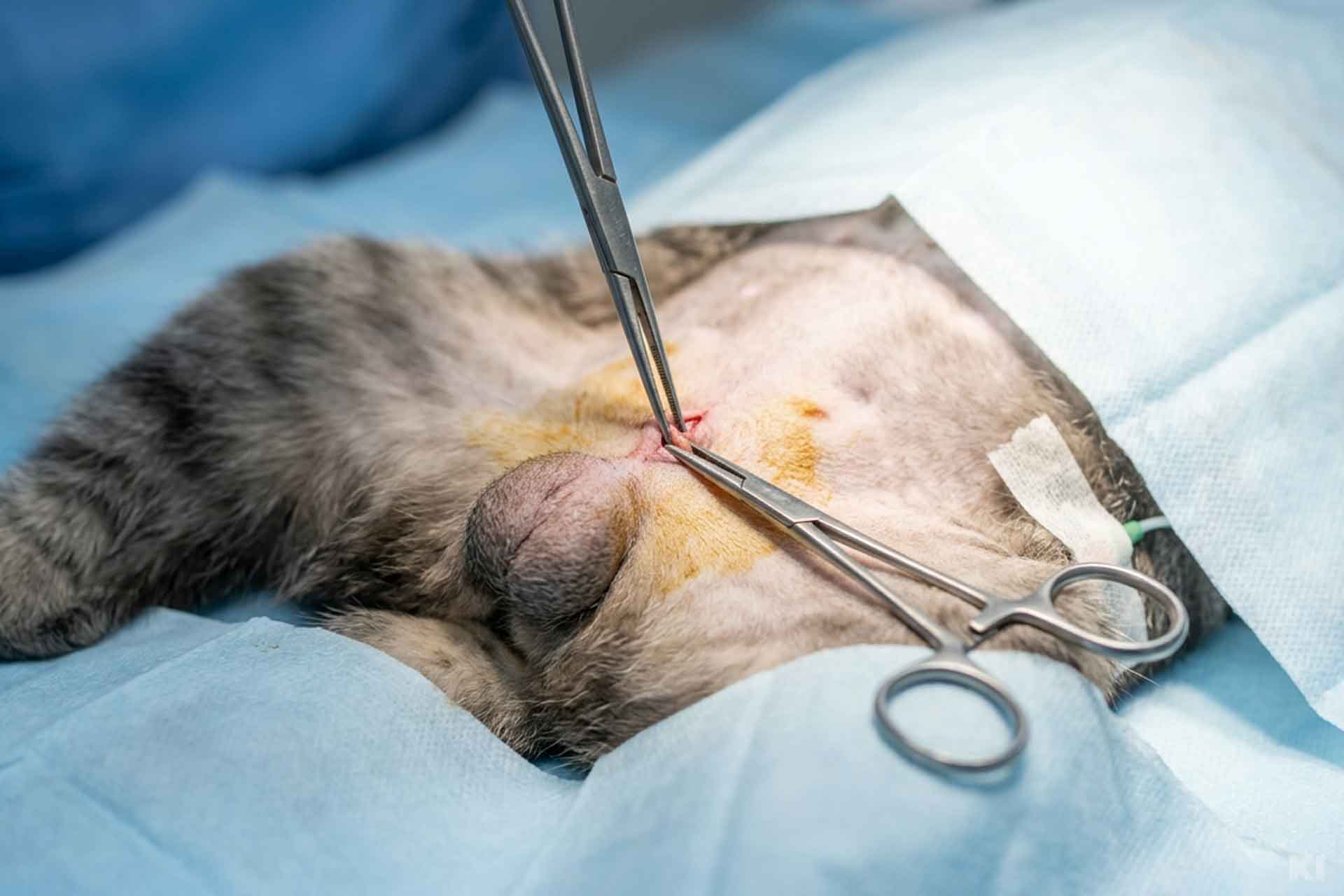 Kater liegt auf dem Rücken auf dem OP Tisch und erhält gerade eine Kastration durch einen Tierarzt