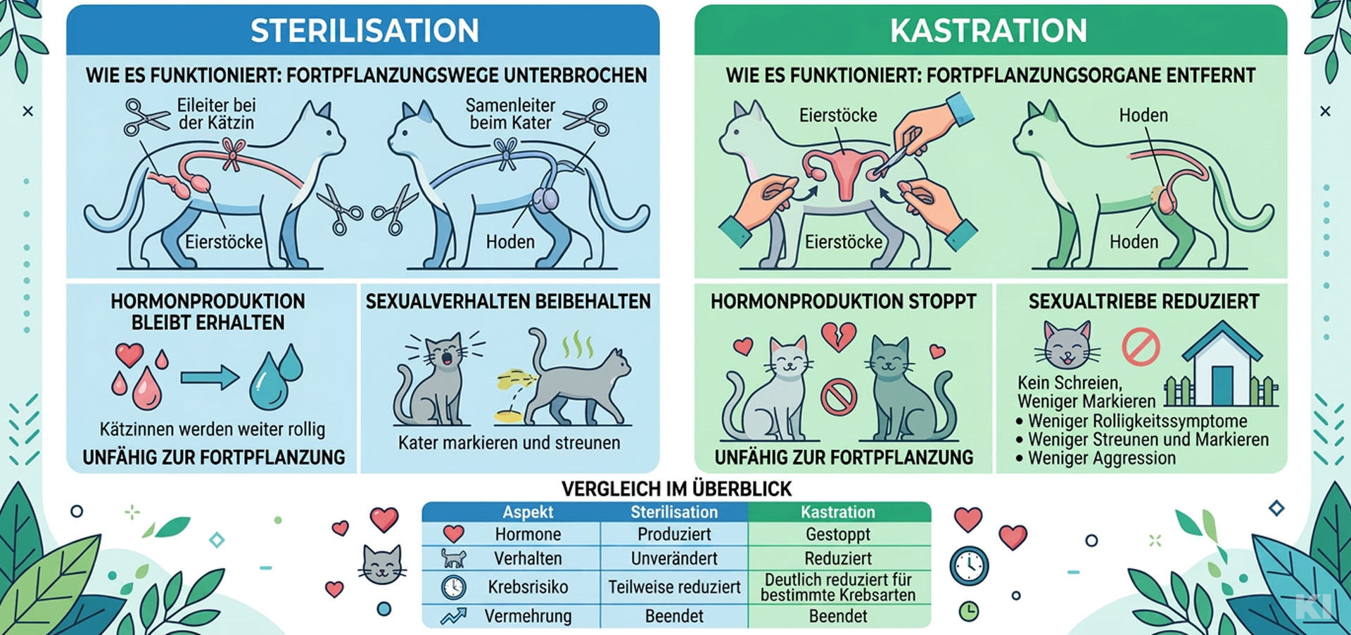 Infografik mit Informationen zum Unterschied zwischen Sterilisation und Kastration bei Katzen
