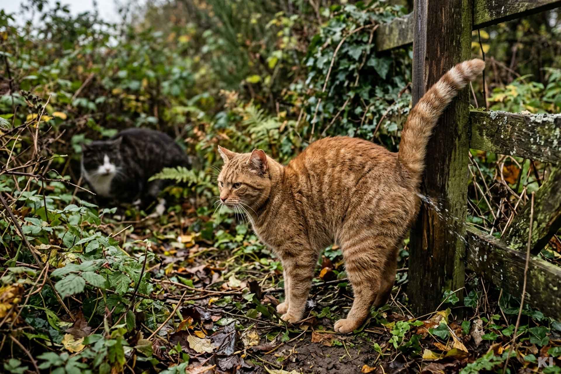 Zwei Katzen draußen, wobei ein roter Kater gerade markiert