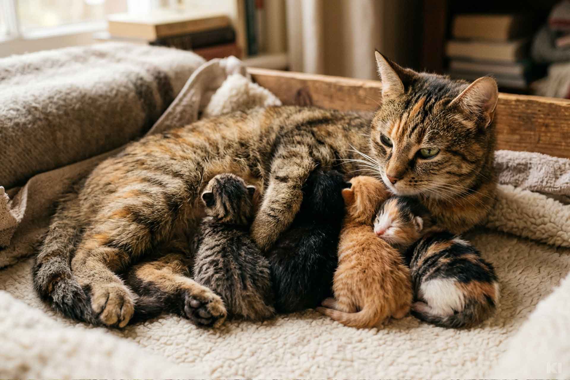 Katzenmutter liegt mit ihren kleinen Kitten in ihrem Kuschelnest