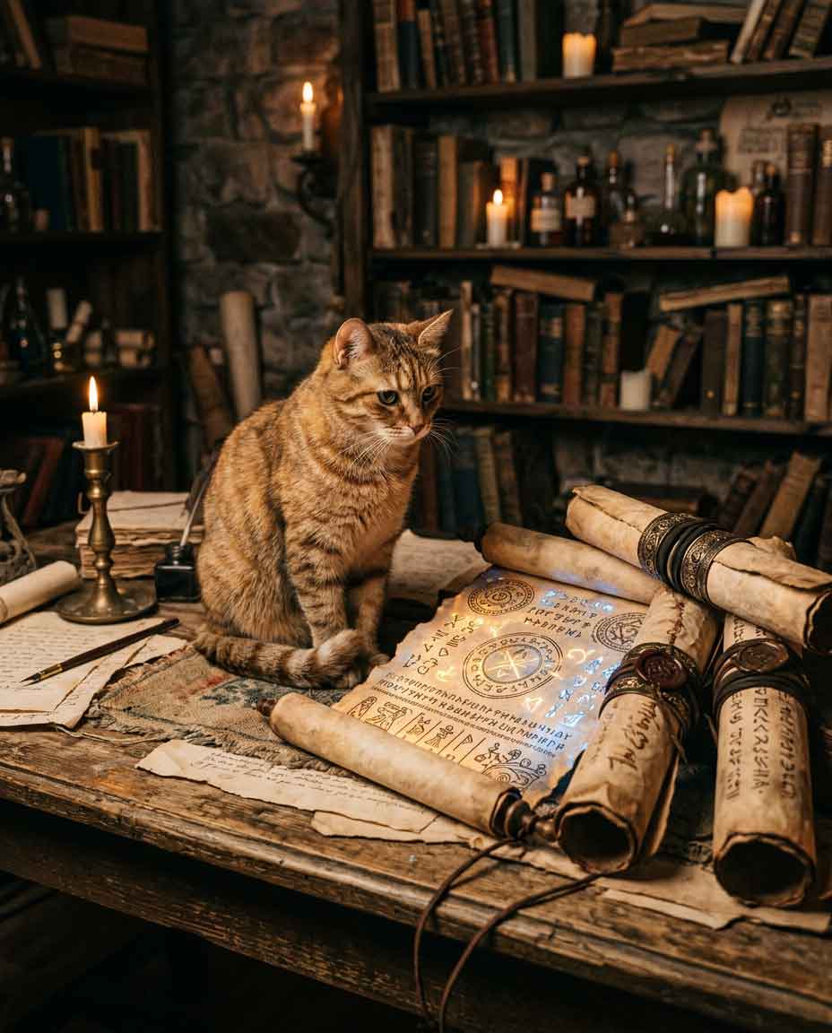 Katze sitzt auf einem Schreibtisch mit alten Schriftrollen