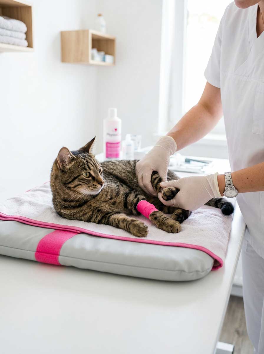 Katze liegt entspannt auf einer Matte in einem Behandlungszimmer mit einem Tape um das Bein und lässt sich physiotherapeutisch behandeln