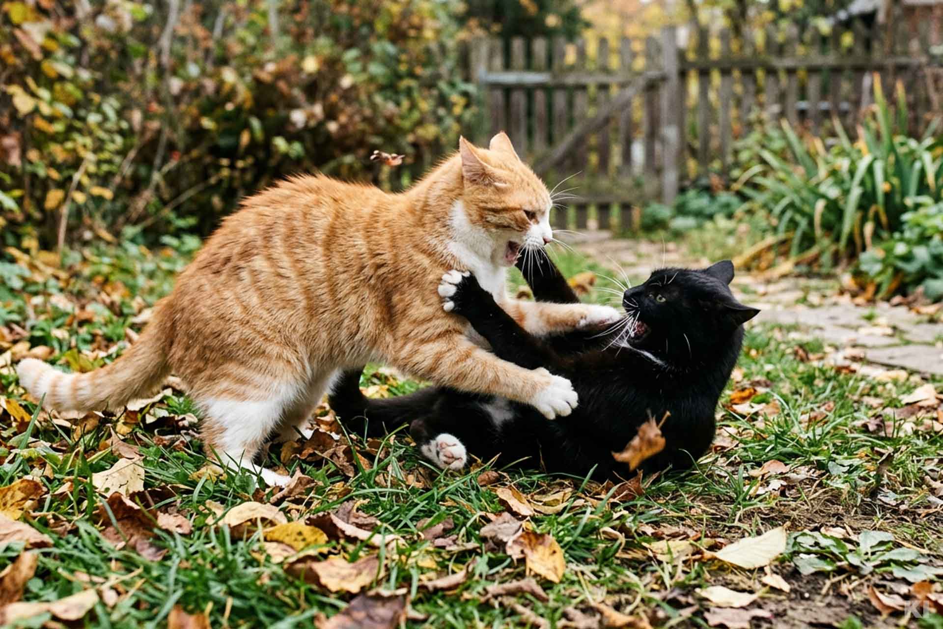 eine rote und eine schwarze Katze fechten einen Revierkampf im Garten aus