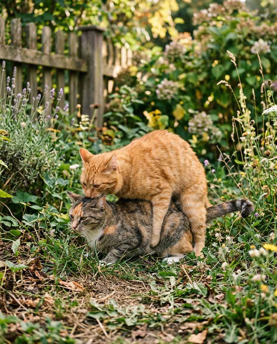 Zwei rollige Katzen im Garten