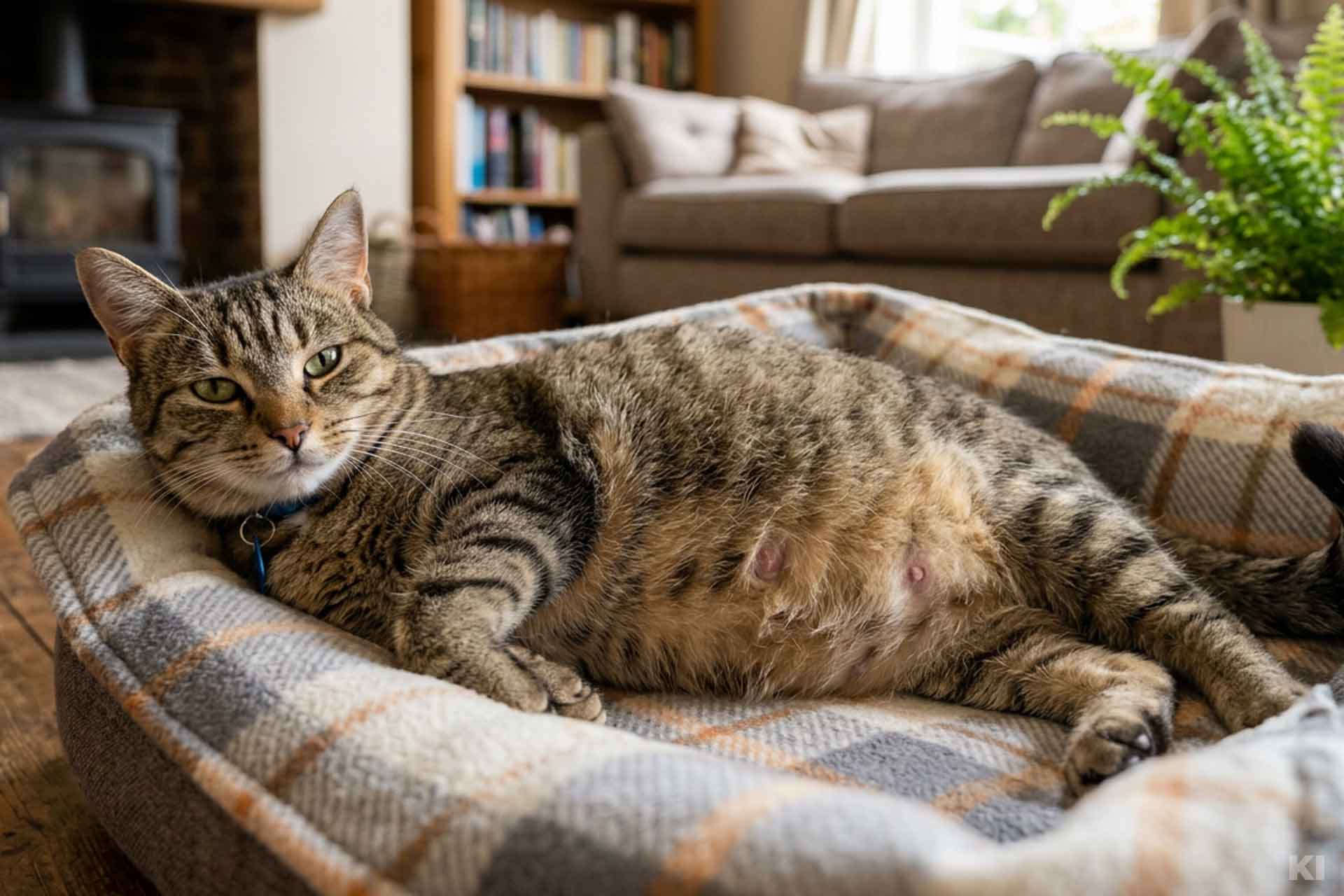 Schwangere Katze liegt in ihrem Kuschelnest im Wohnzimmer und ist entspannt