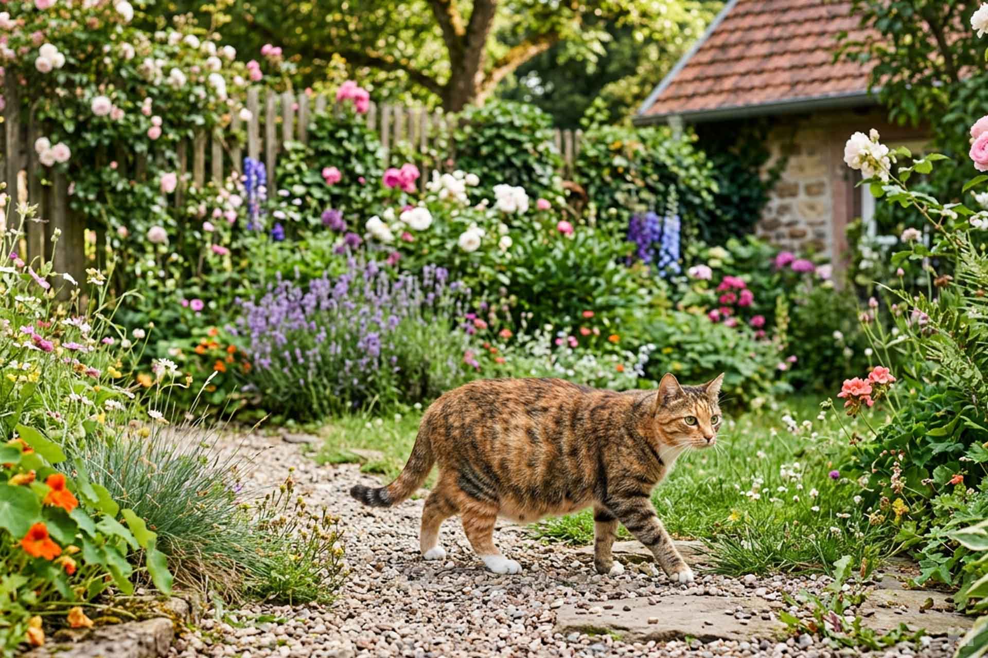 schwangere Katze läuft in einem schönen Blumengarten spazieren