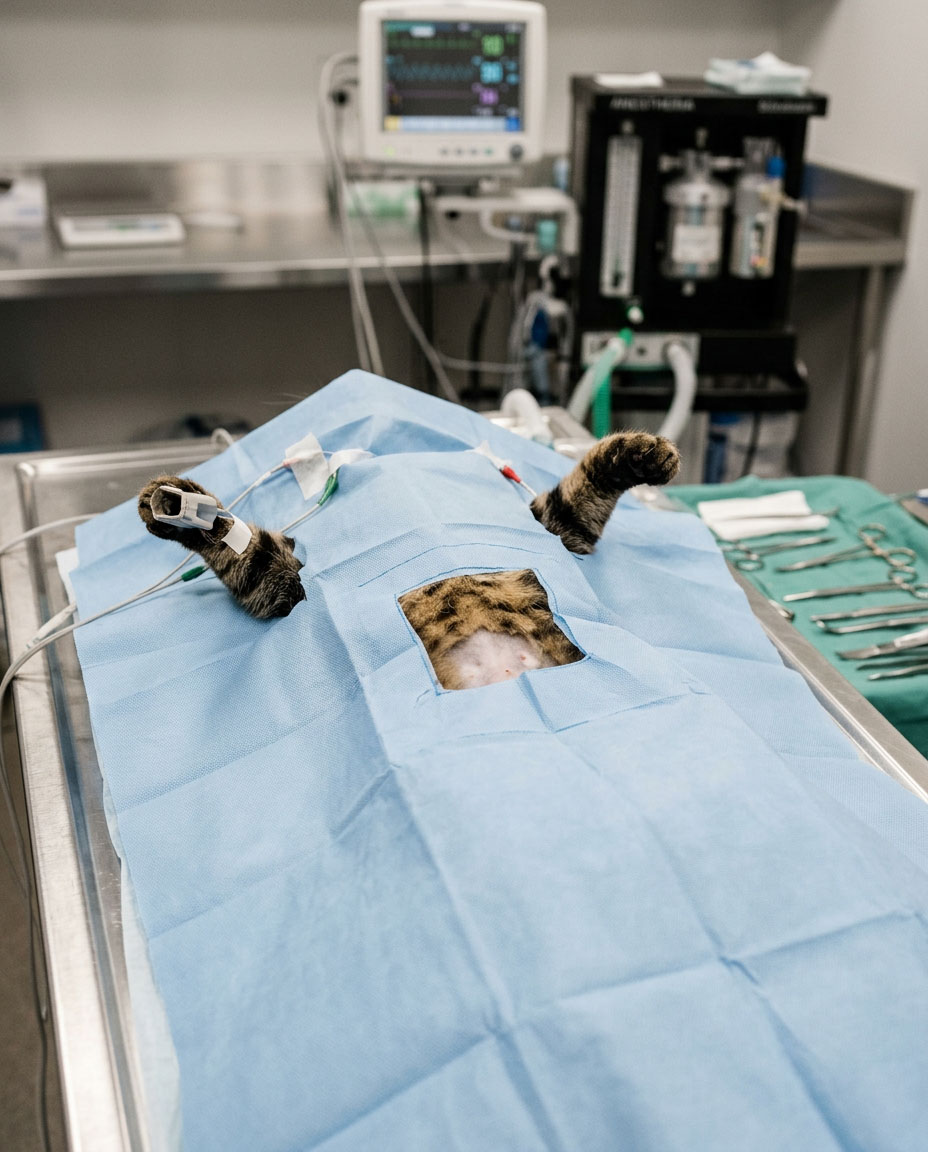 Sterilisation der Katze in einem OP-Saal in einer Tierarztpraxis.
