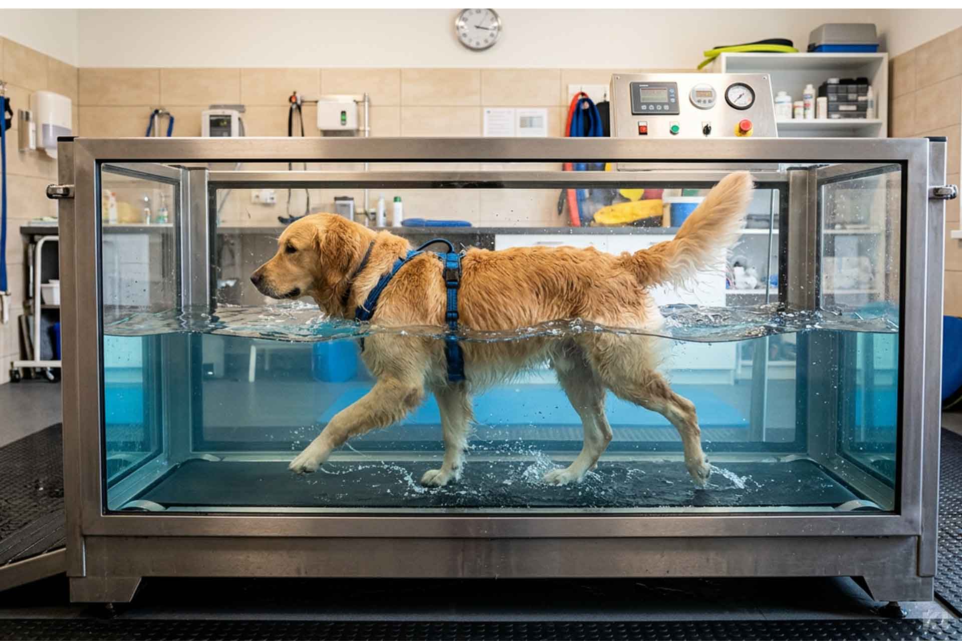 Hund mit Hüftdysplasie läuft im Aquatrainer